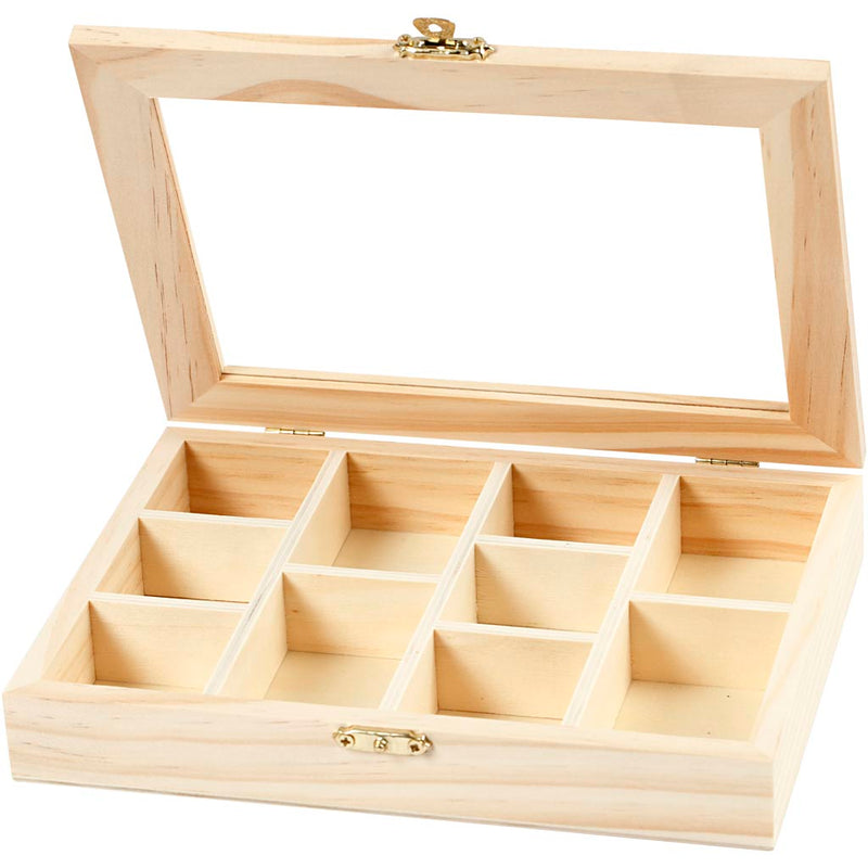 Boîte en bois de Creativ Company avec couvercle en verre et 10 compartiments
