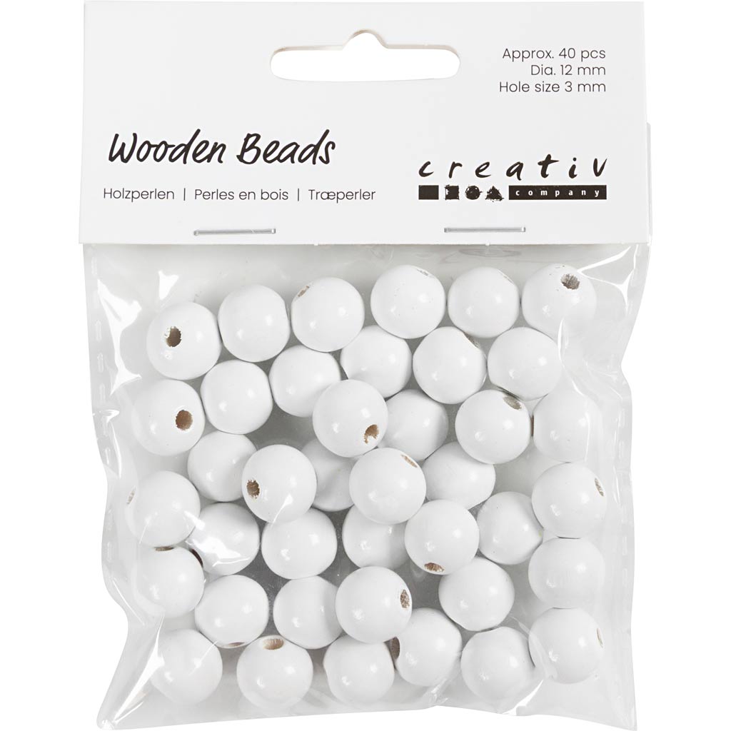 Perles en bois Creativ Company, d 12 mm, diamètre du trou 3 mm, env. 40 pièces, blanc, 22 g 1 boîte