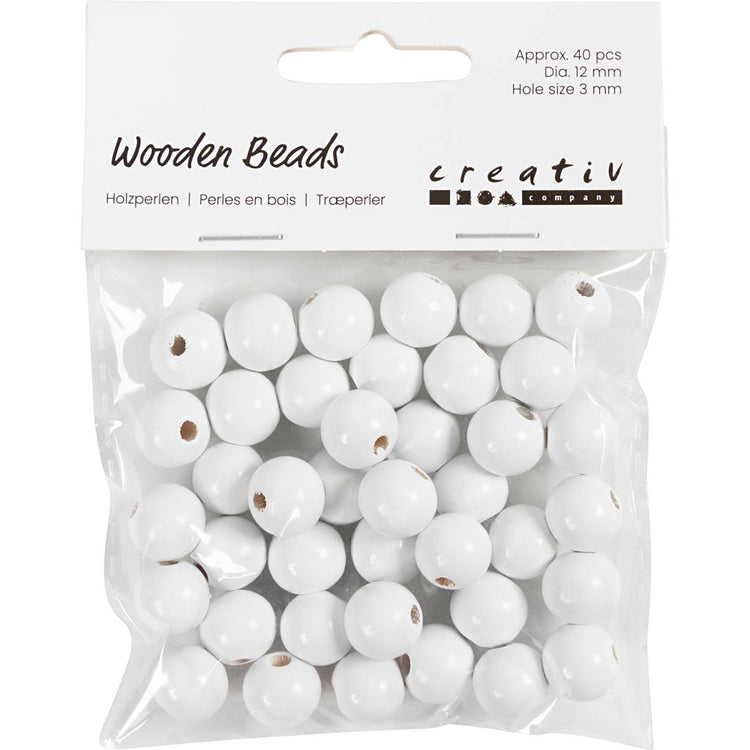 Perles en bois Creativ Company, d 12 mm, diamètre du trou 3 mm, env. 40 pièces, blanc, 22 g 1 boîte