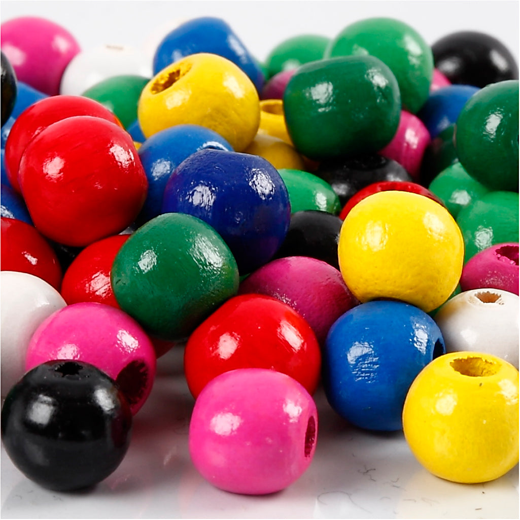 Perles en bois Creativ Company, d 12 mm, diamètre du trou 3 mm, env. 40 div, différentes couleurs, 22 g 1 boîte