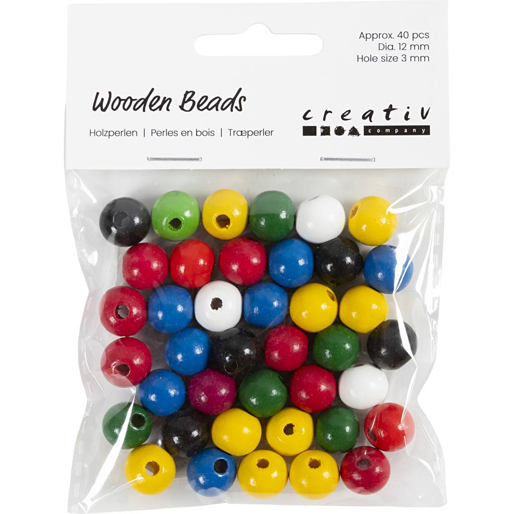 Perles en bois Creativ Company, d 12 mm, diamètre du trou 3 mm, env. 40 div, différentes couleurs, 22 g 1 boîte