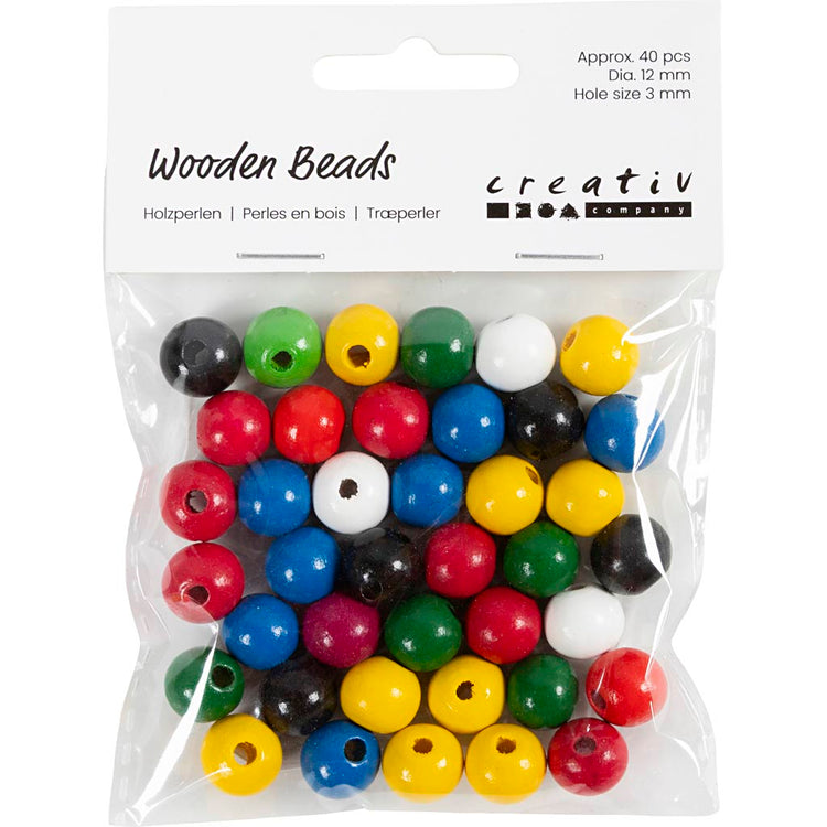 Perles en bois Creativ Company, d 12 mm, diamètre du trou 3 mm, env. 40 div, différentes couleurs, 22 g 1 boîte