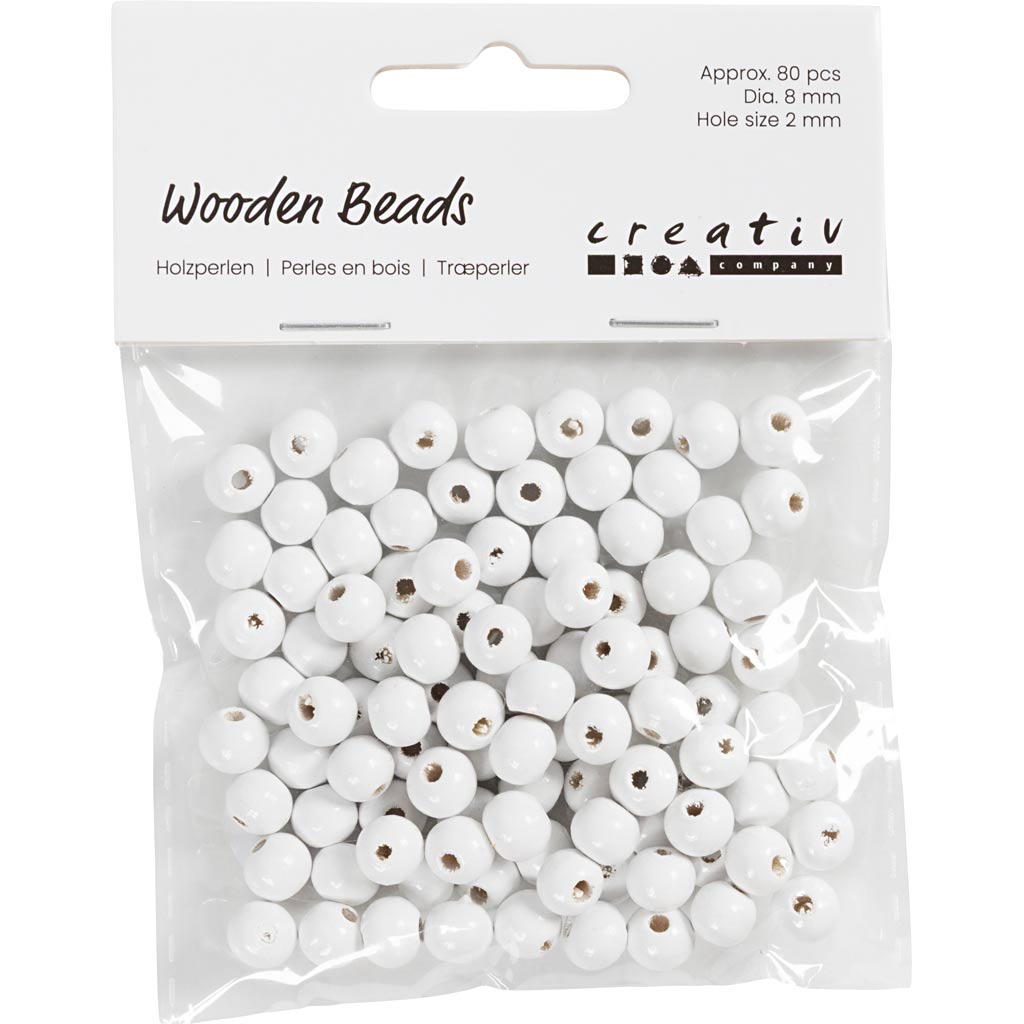 Perles en bois Creativ Company, d 8 mm, diamètre du trou 2 mm, env. 80 pièces, blanc, 15 g 1 boîte