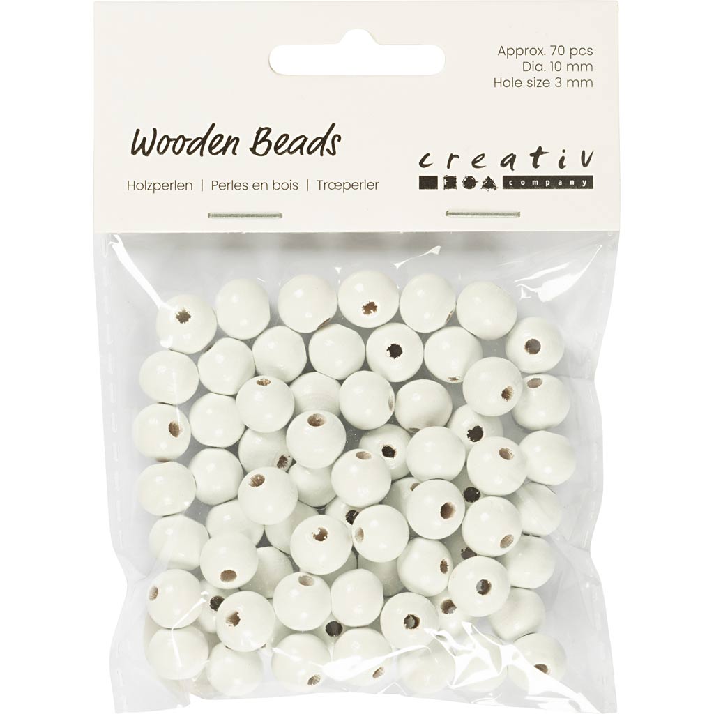 Perles en bois Creativ Company, d 10 mm, diamètre du trou 3 mm, env. 70 pièces, blanc, 20 g 1 boîte