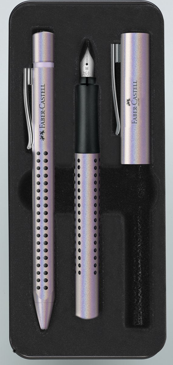 Faber-castell grip glam - ensemble d'écriture stylo à bille et stylo plume - dans une boîte cadeau - couleur perle - fc-201533