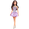 Poupée Barbie fashionista en robe violette à paillettes.
