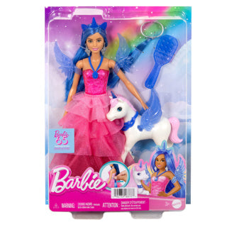 Poupée de licorne Mattel avec cheveux bleus, robe rose et alicorne