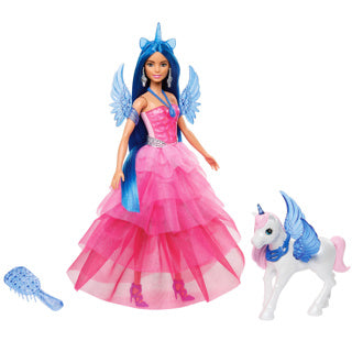 Poupée de licorne Mattel avec cheveux bleus, robe rose et alicorne