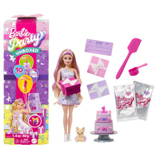 Barbie party unboxed 2 1 poupée avec robe rose clair