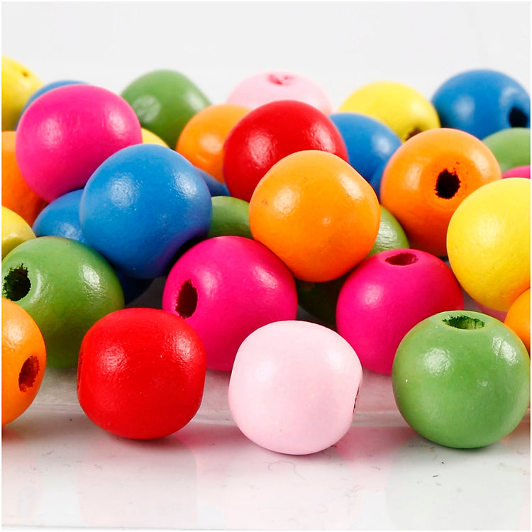 Perles en bois Creativ Company, d 12 mm, diamètre du trou 2,5-3 mm, env. 800 pièces, différentes couleurs, 500 g 1 sachet