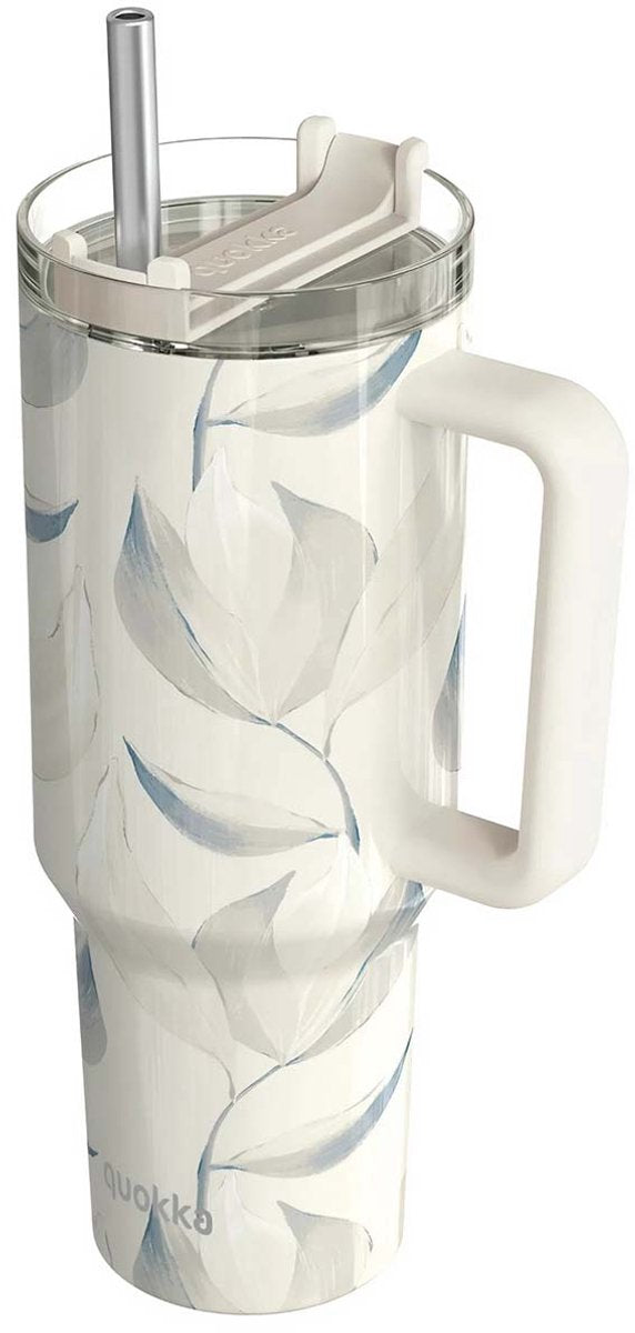 Quokka, tasse isotherme 1200 ml avec paille à motif feuille de coton, blanc