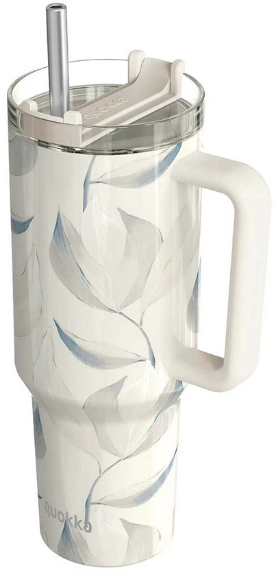 Quokka, tasse isotherme 1200 ml avec paille à motif feuille de coton, blanc