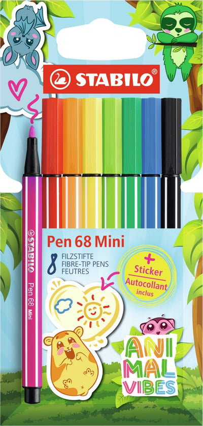 Stabilo pen 68 mini - feutre premium - animal vibes - étui de 8 couleurs + autocollant