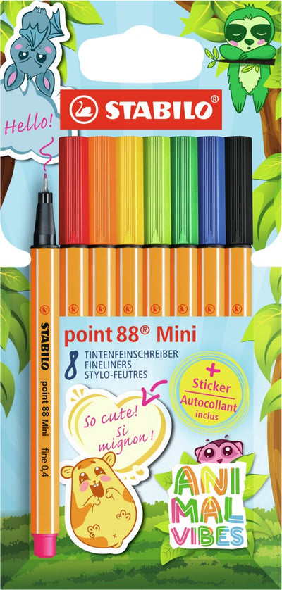 Stabilo point 88 mini - feutre fin premium - vibes animales - étui de 8 couleurs + autocollant