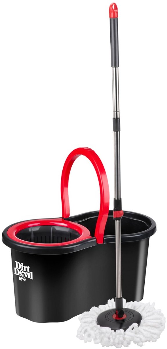 Ensemble de vadrouille Dirt Devil - Vadrouille rotative à 360 degrés - Tige extensible - Manche en acier inoxydable - Seau avec panier d'essorage - 16 litres - Noir Rouge