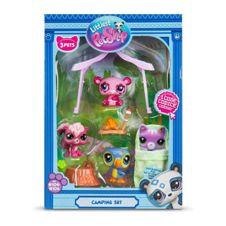 Bandai littlest pet shop - pack camping 3 animaux et accessoires - littlest pet shop lps panda écureuil toucan - mini ensemble de jouets figurines d'animaux mignons - jouets pour enfants de 4 ans et + - bf00574
