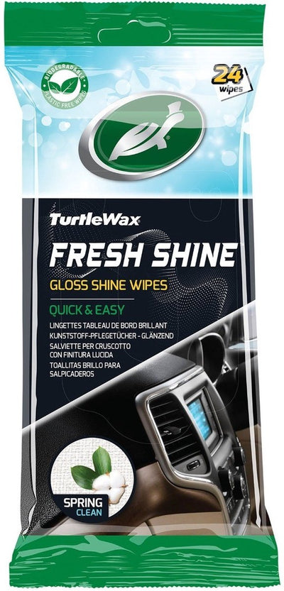 Lingettes nettoyantes pour intérieur Turtle Wax Fresh Shine Gloss - nettoyage supérieur - pour tous les plastiques intérieurs - antistatique - finition brillante - avec parfum de nettoyage de printemps - dans un emballage refermable - 24 lingettes
