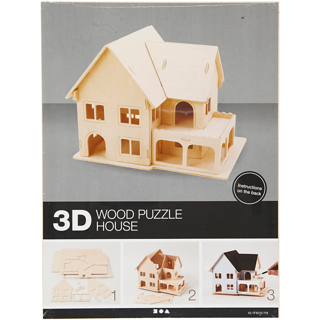 Creativ company Jeu de construction 3D en bois, maison avec véranda, dimensions 22,5x16x17,5, 1 pièce