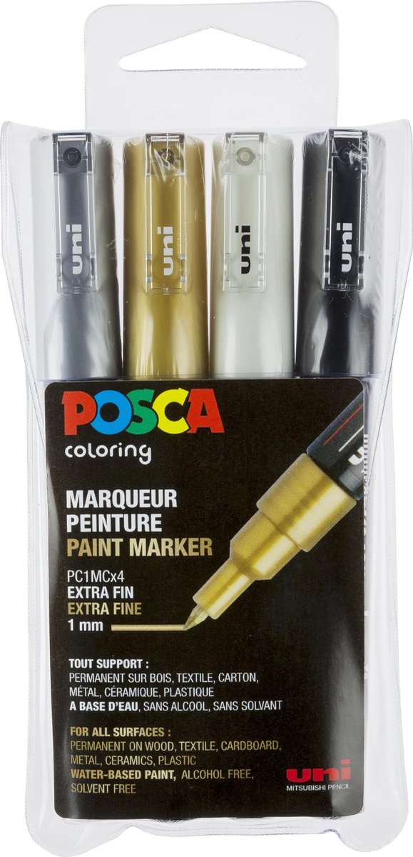Set de marqueurs peinture Posca 1mc blanc noir or argent