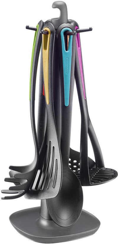 Ustensiles de cuisine Westmark - galant standard rotatif avec presse-purée, cuillère à légumes, cuillère à spaghetti, cuillère à soupe, écumoire et spatule - ensemble multicolore de 7 pièces