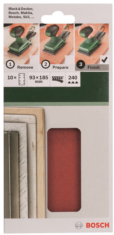 Jeu de 10 feuilles abrasives Bosch pour ponceuses orbitales 93 x 185 mm - grain 240
