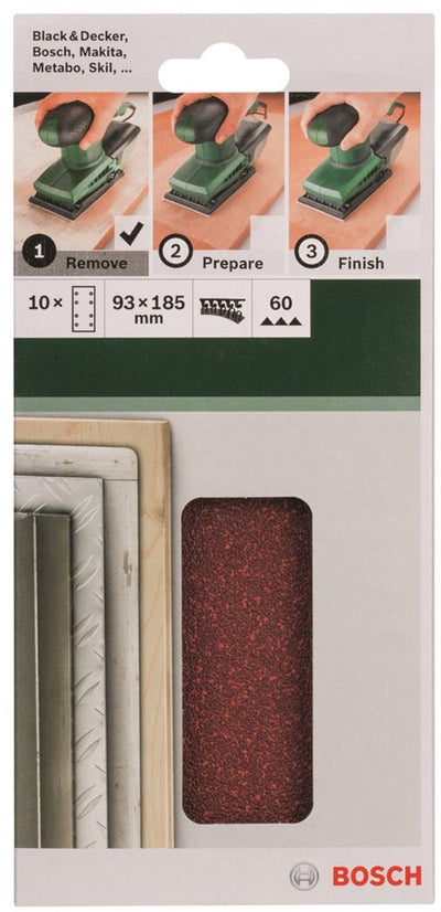 Jeu de 10 feuilles abrasives Bosch pour ponceuses orbitales 93 x 185 mm - grain 60