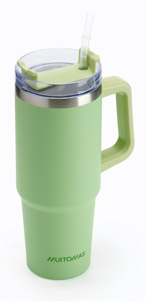 Mug de voyage Muitomas - mug de voyage - double paroi isolée - anse en paille pratique - 900 ml - vert