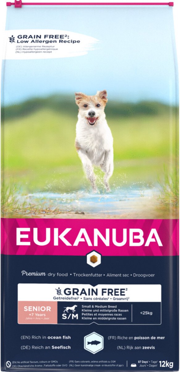 Eukanuba senior petite race moyenne poisson de mer sans céréales - nourriture pour chien - 12 kg