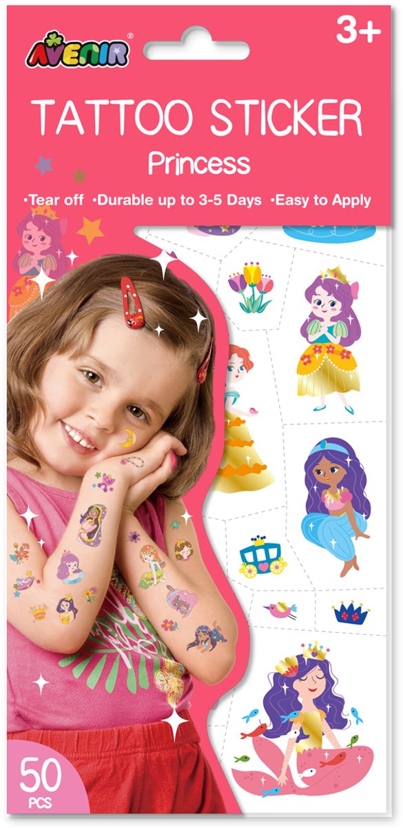 Autocollants de tatouage Avenir - princesse - 50 pièces - durée 3 à 5 jours - 3 ans