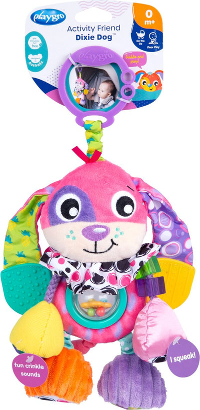 Playgro activité ami dixie chien - jouet pour bébé - jouet suspendu - jouet de landau - hochet - accessoire de landau - accessoire de poussette - jouet éducatif - animal en peluche