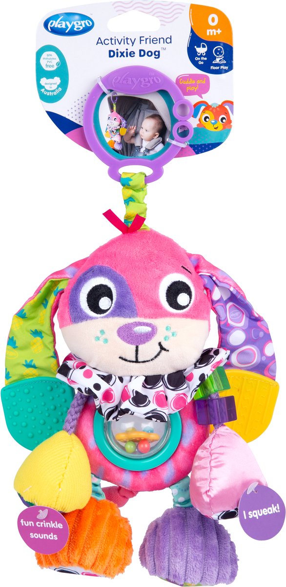 Playgro activité ami dixie chien - jouet pour bébé - jouet suspendu - jouet de landau - hochet - accessoire de landau - accessoire de poussette - jouet éducatif - animal en peluche
