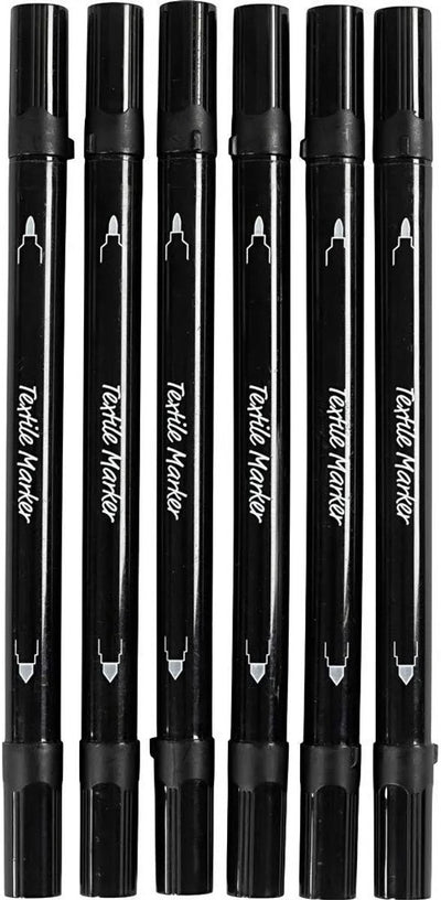 Marqueurs textiles Creativ company, largeur de trait 2,3 + 3,6 mm, noirs, 6 pièces 1 boîte