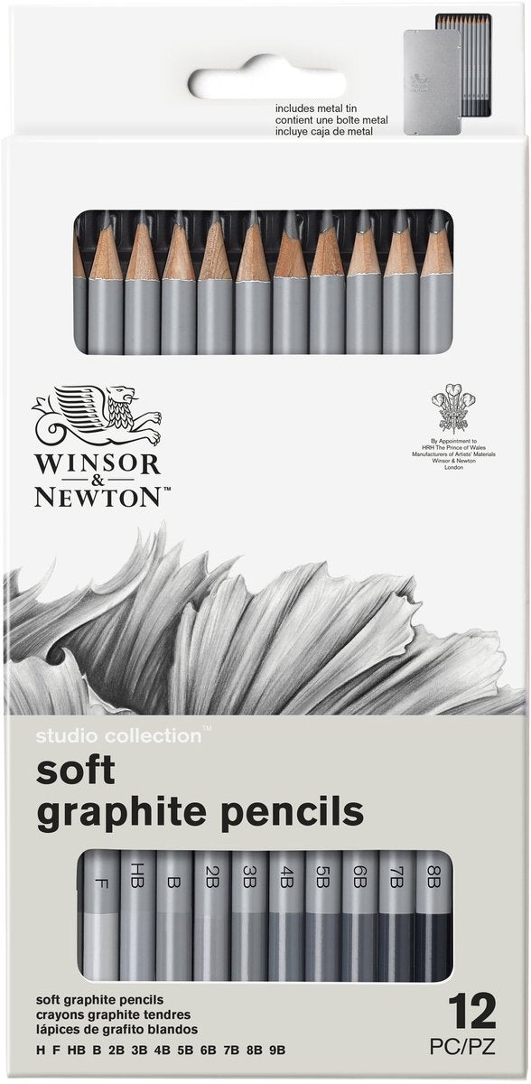 Winsor Newton 0490007 Ensemble de crayons graphite professionnels x12 – Crayons à croquis souples Crayons à dessin H à M 9B dans une boîte en métal