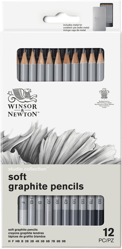 Winsor Newton 0490007 Ensemble de crayons graphite professionnels x12 – Crayons à croquis souples Crayons à dessin H à M 9B dans une boîte en métal