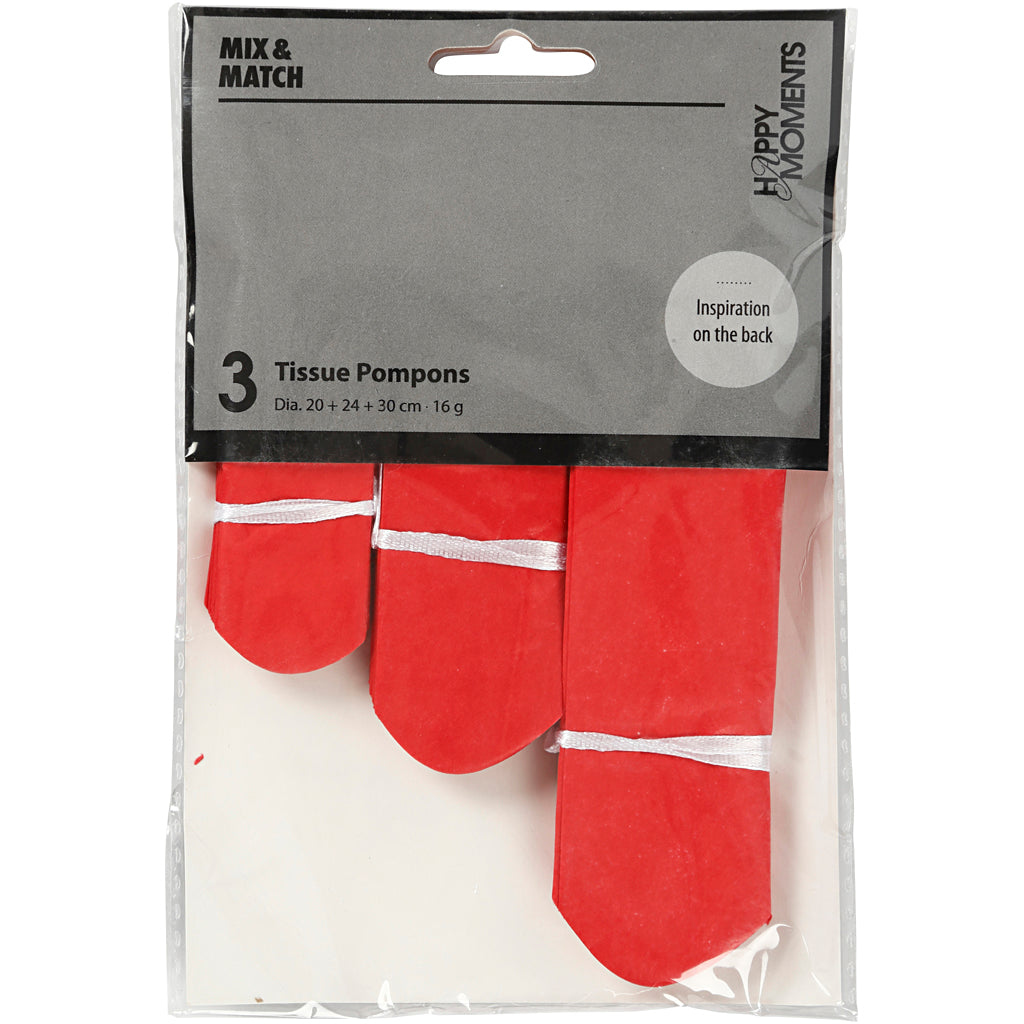 Pompon en papier Creativ company, d 20+24+30 cm, 16 g, rouge, 3 pièces 1 boîte