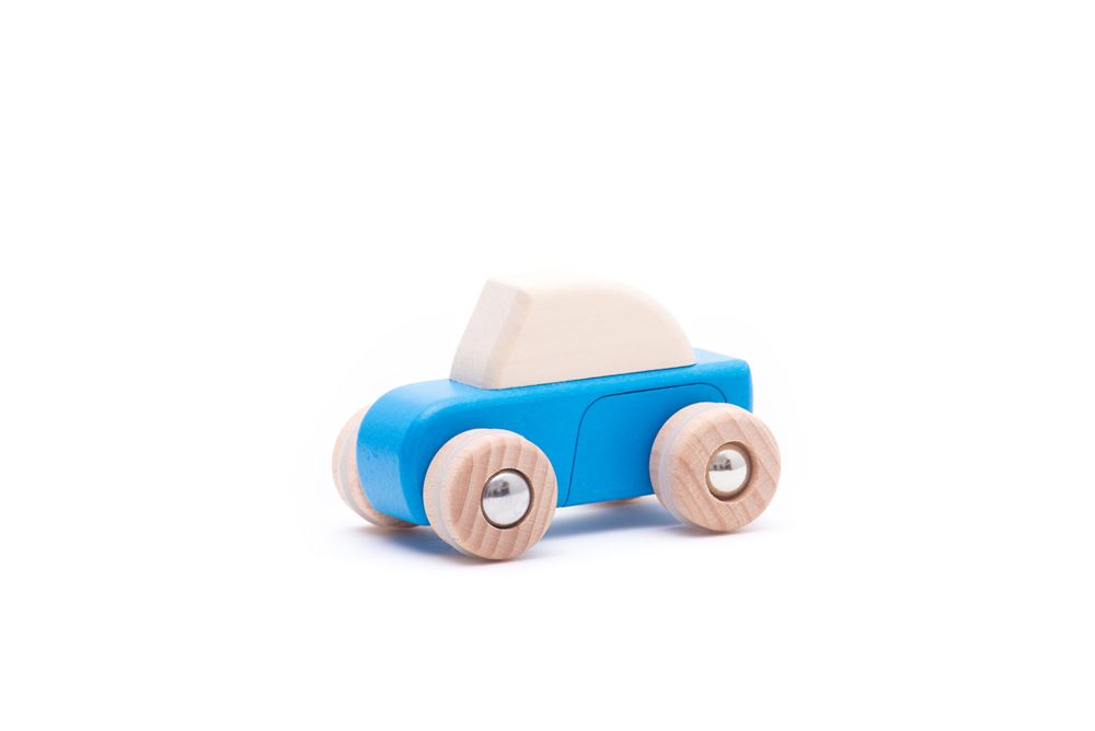 Voiture rétractable en bois Bajo bleue. 8,7x5,7