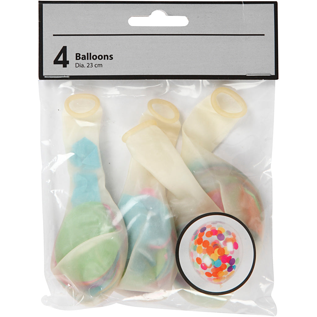Ballons Creativ company avec confettis, ronds, d 23 cm, transparents, 4 pièces 1 boîte