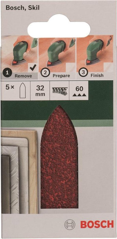 Jeu de 5 feuilles abrasives Bosch pour ponceuses Delta, adaptateur 32 mm - grain 60