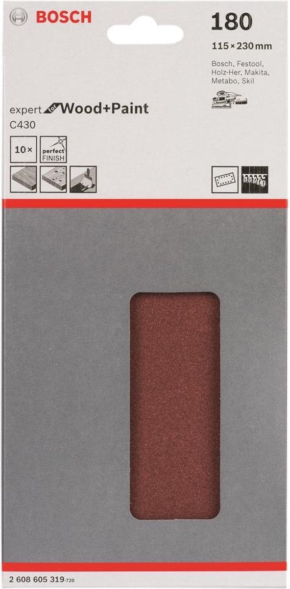 Bosch - Jeu de 10 feuilles abrasives 115 x 230 mm, 180