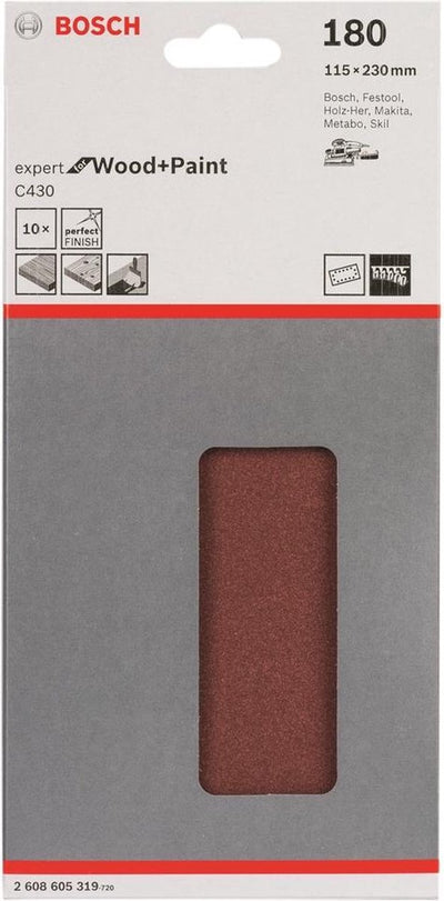 Bosch - Jeu de 10 feuilles abrasives 115 x 230 mm, 180
