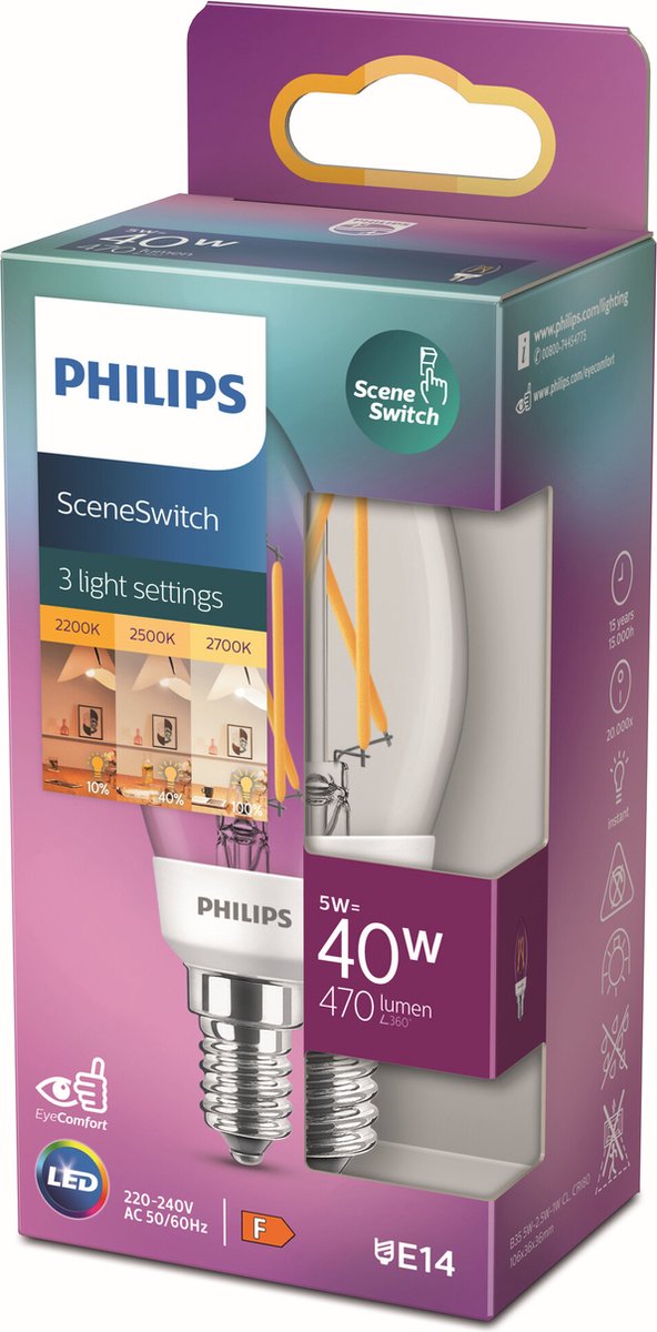 Philips LED interrupteur scène bougie transparent - 40 W - E14 - lumière blanc chaud