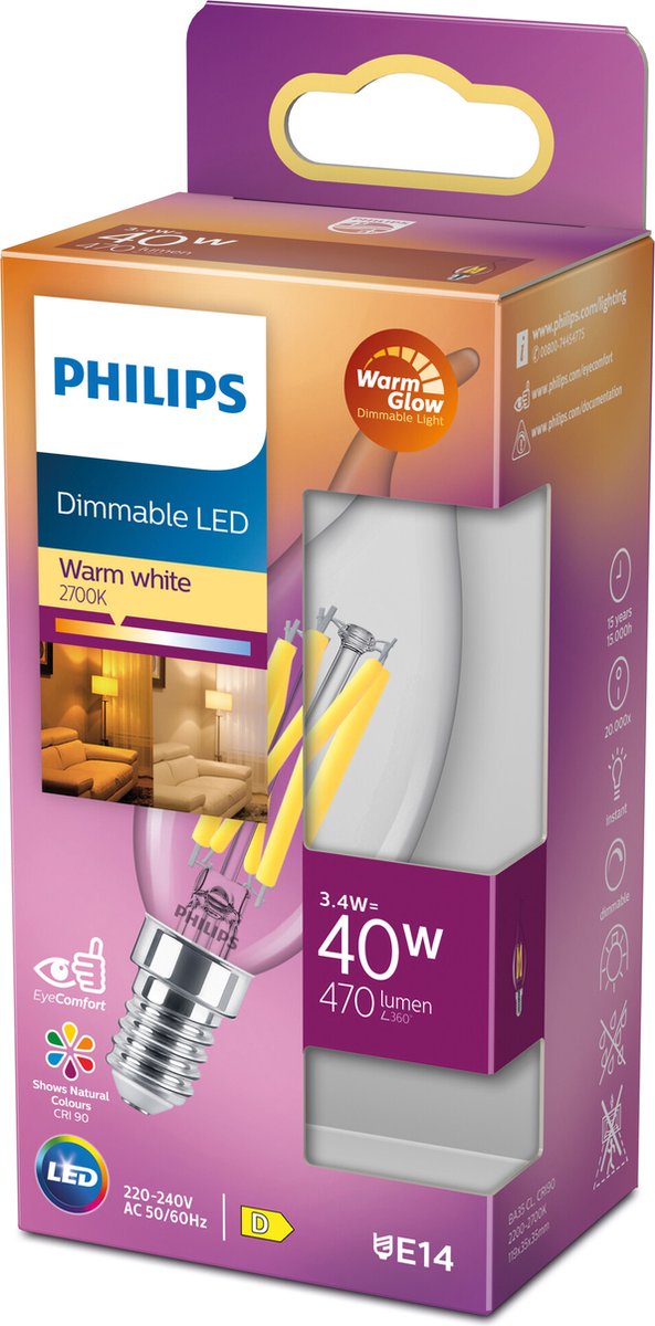 Bougie LED Philips transparente - 40 W - E14 - lumière blanc chaud dimmable