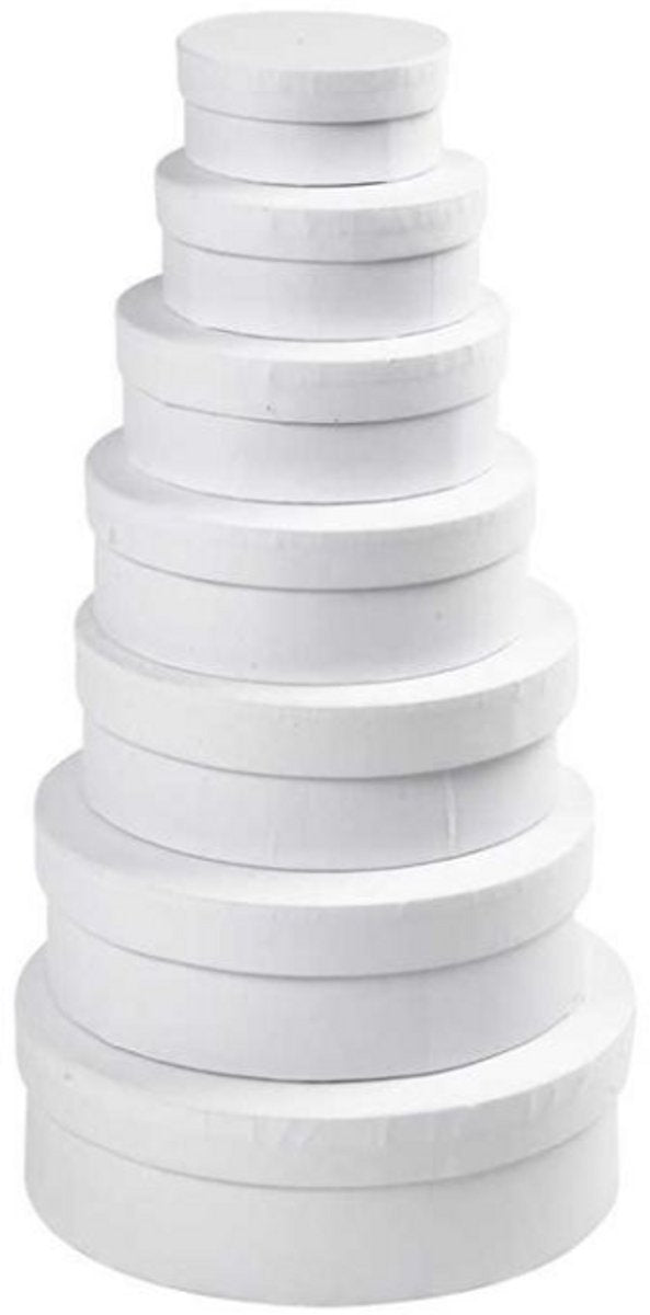 Boîtes rondes Creativ company, h : 4+4,5+5+5,5+6+6,5+7 cm, d 8,5+10,5+12,5+14,5+16,5+18,5+21,5 cm, blanc, 7 pièces 1 set