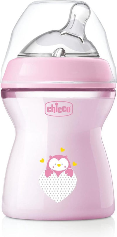 Chicco biberon sensation naturelle 2 mois + 250 ml, biberon avec ventouse en silicone souple et flexible, adapté à l'allaitement mixte, débit moyennement dense, rose 2+ m