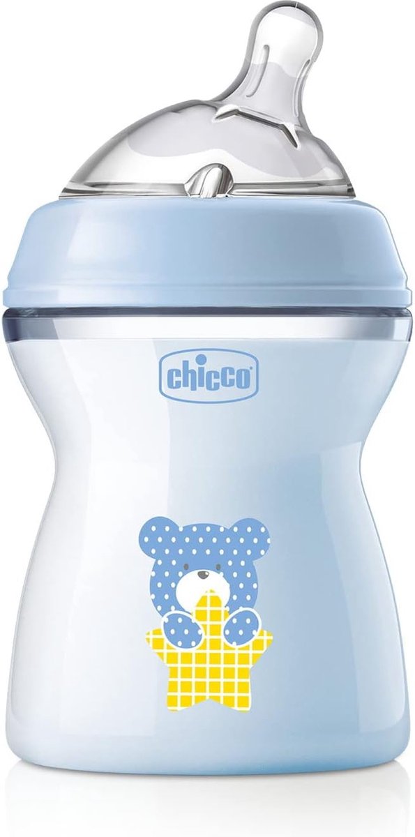 Chicco biberon anticolique sensation naturelle, 2 mois + 250 ml, biberon avec ventouse en silicone souple et flexible, adapté à l'allaitement mixte, débit moyen, coloris bleu clair 2+ m