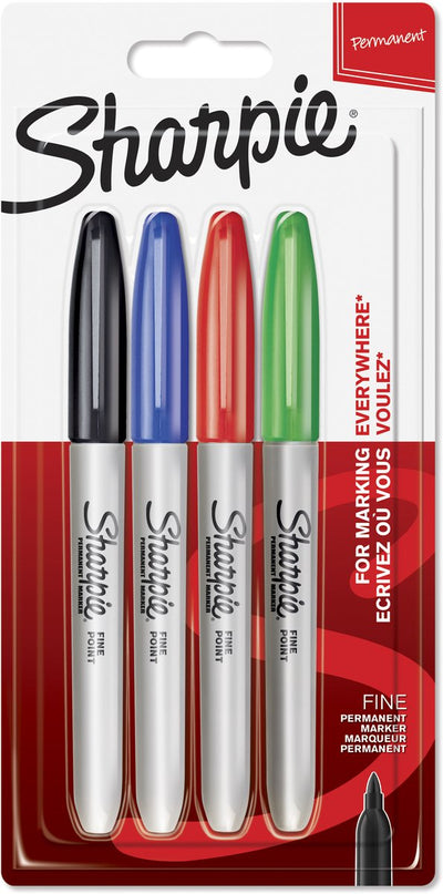 Marqueurs permanents Sharpie | point fin | encre noire, bleue, rouge et verte | 4 pièces