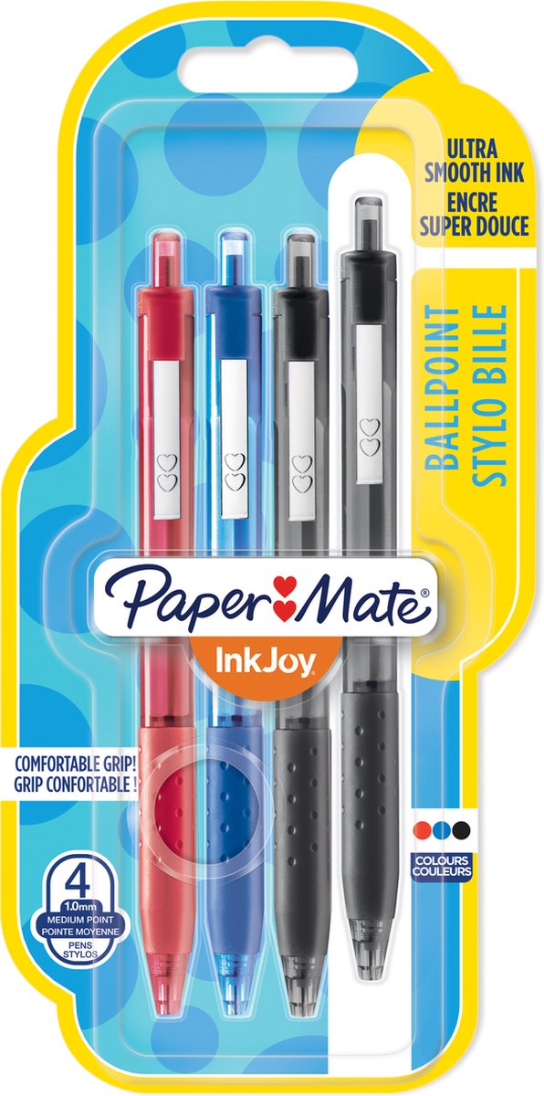 Stylos à bille Paper Mate Inkjoy 300rt avec bouton poussoir | pointe moyenne (1,0 mm) | noir, bleu et rouge | 4 pièces