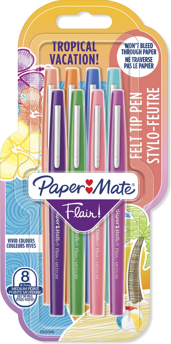 Feutres Paper Mate Flair | pointe moyenne (0,7 mm) | diverses couleurs de vacances tropicales | 8 pièces