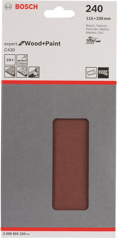 Bosch - Jeu de 10 feuilles abrasives 115 x 230 mm, 240