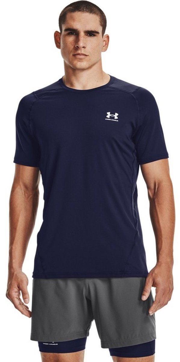 Chemise de sport Under Armour UA HG Armour Fitted SS-Blu pour hommes - Midnight Navy - Blanc